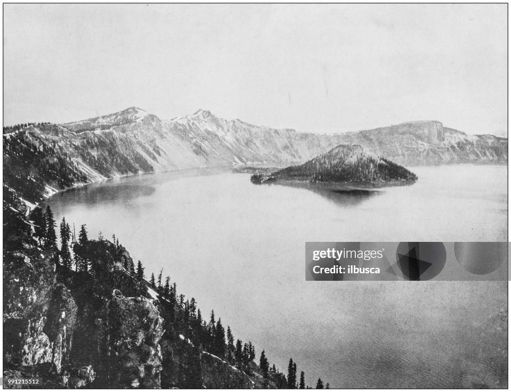 Antique photograph of America's famous landscapes: Crater Lake, Wizard Island