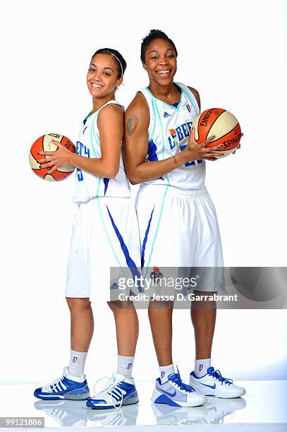 Leilani Mitchell and Cappie Pondexter of the New York Liberty pose for a photo during WNBA Media Day on May 12, 2010 at the MSG Training Facility in...