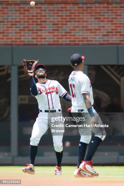 Nick Markakis of the Atlanta Braves fields the ball against the Cincinnati Reds at SunTrust Park on June 27 in Atlanta, Georgia. The Reds won 6-5.