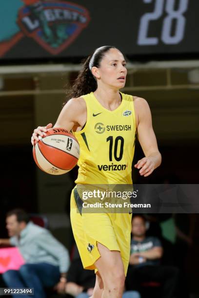 Sue Bird of the Seattle Storm handles the ball against the New York Liberty on July 3, 2018 at Westchester County Center in White Plains, New York....