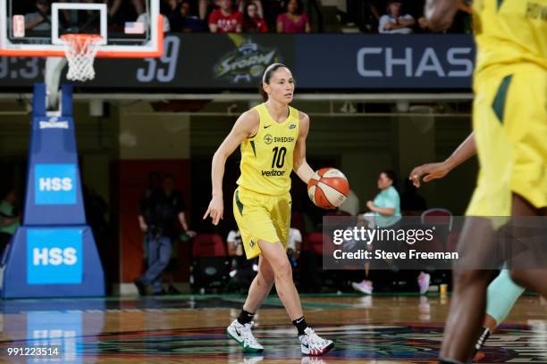 Sue Bird of the Seattle Storm handles the ball against the New York Liberty on July 3, 2018 at Westchester County Center in White Plains, New York....