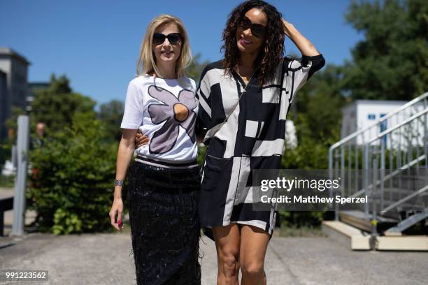 Tanja Buelter and Annabelle Mandeng are seen attending Maisonee Berlin during the Berlin Fashion Week July 2018 on July 3, 2018 in Berlin, Germany.