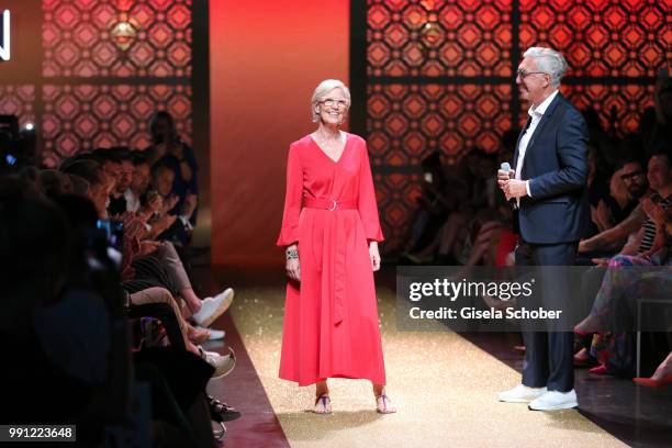 Karin Veit. Chief designer Marc Cain and Helmut Schlotterer, Founder and CEO of Marc Cain during the Marc Cain Fashion Show Spring/Summer 2019 at...