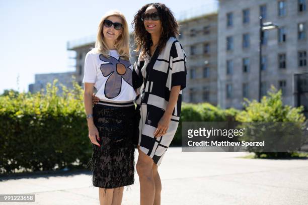 Tanja Buelter and Annabelle Mandeng are seen attending Maisonee Berlin during the Berlin Fashion Week July 2018 on July 3, 2018 in Berlin, Germany.