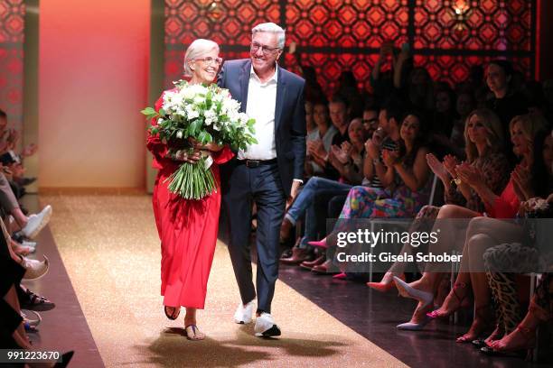 Karin Veit. Chief designer Marc Cain and Helmut Schlotterer, Founder and CEO of Marc Cain during the Marc Cain Fashion Show Spring/Summer 2019 at...