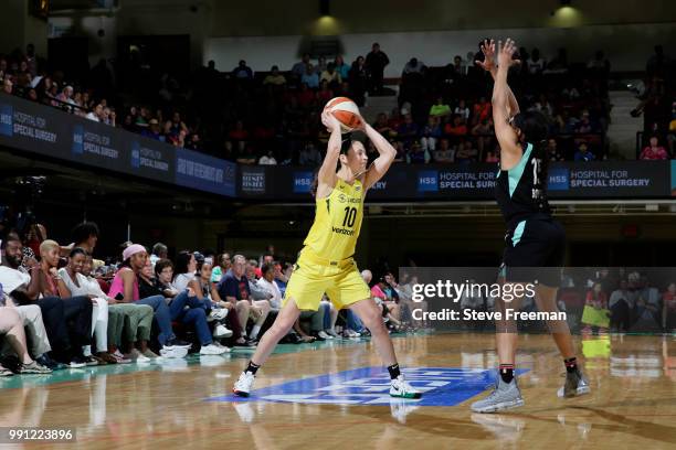 Sue Bird of the Seattle Storm handles the ball against the New York Liberty on July 3, 2018 at Westchester County Center in White Plains, New York....