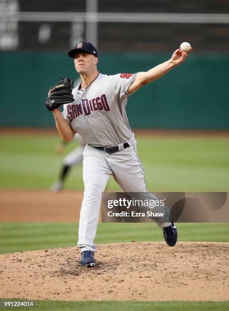 Clayton Richard of the San Diego Padres pitches against the Oakland Athletics in the third inning at Oakland Alameda Coliseum on July 3, 2018 in...