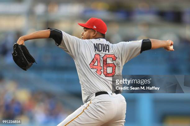 Ivan Nova of the Pittsburgh Pirates pitches during the first inning of a game against the Los Angeles Dodgers at Dodger Stadium on July 3, 2018 in...