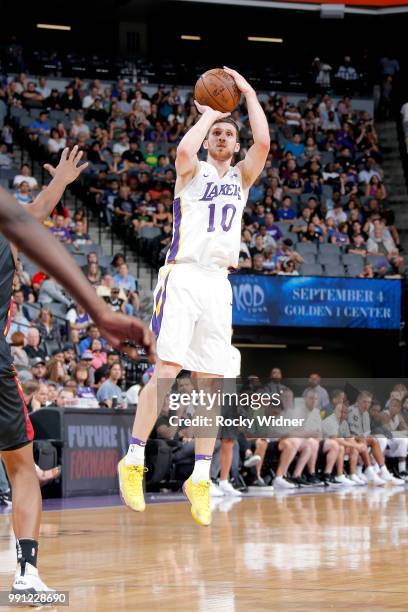 Svi Mykhailiuk of the Los Angeles Lakers shoots the ball against the Miami Heat during the 2018 California Classic Summer League on July 3, 2018 at...