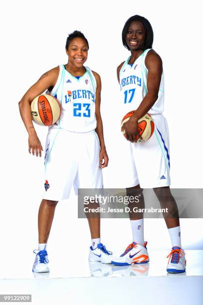 Cappie Pondexter and Essence Carson of the New York Liberty pose for a photo during WNBA Media Day on May 12, 2010 at the MSG Training Facility in...