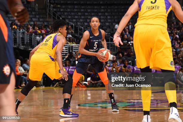 Jasmine Thomas of the Connecticut Sun handles the ball against the Los Angeles Sparks on July 3, 2018 at STAPLES Center in Los Angeles, California....