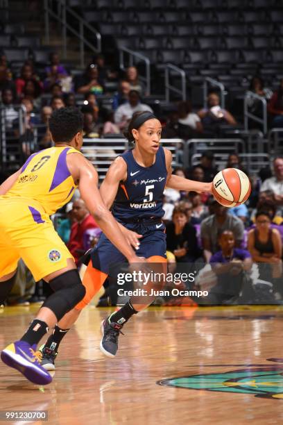 Jasmine Thomas of the Connecticut Sun handles the ball Los Angeles Sparks on July 3, 2018 at STAPLES Center in Los Angeles, California. NOTE TO USER:...