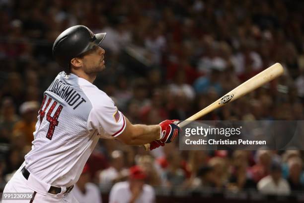 Paul Goldschmidt of the Arizona Diamondbacks hits a three-run home run against the St. Louis Cardinals during the fifth inning of the MLB game at...