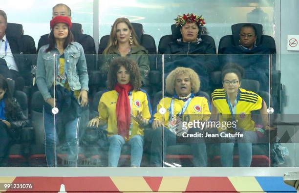 Colombia's football legend Carlos Valderrama, his wife Elvira Redondo and daughters attend the 2018 FIFA World Cup Russia Round of 16 match between...