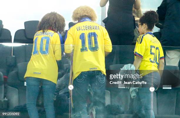 Colombia's football legend Carlos Valderrama, his wife Elvira Redondo attend the 2018 FIFA World Cup Russia Round of 16 match between Colombia and...
