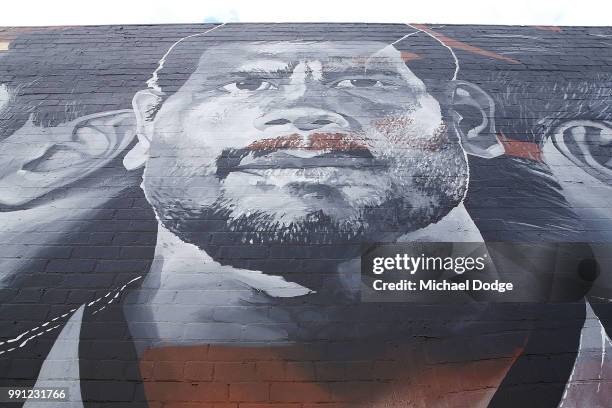 Hawthorn Hawks mural near Glenferrie Rd featuring Cyril Rioli is seen after Cyril Rioli announced his retirement from the game, at Waverley Park on...