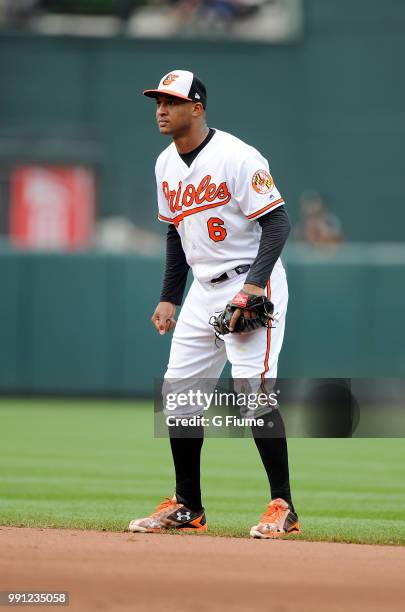 Jonathan Schoop of the Baltimore Orioles plays second base against the Boston Red Sox at Oriole Park at Camden Yards on June 13, 2018 in Baltimore,...