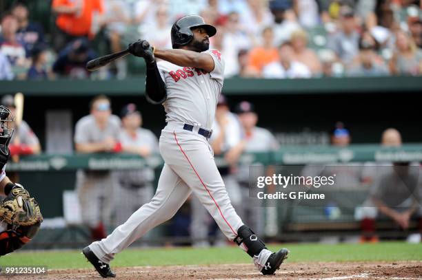 Jackie Bradley Jr. #19 of the Boston Red Sox bats against the Baltimore Orioles at Oriole Park at Camden Yards on June 13, 2018 in Baltimore,...