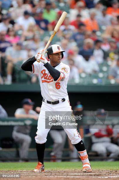Jonathan Schoop of the Baltimore Orioles bats against the Boston Red Sox at Oriole Park at Camden Yards on June 13, 2018 in Baltimore, Maryland.