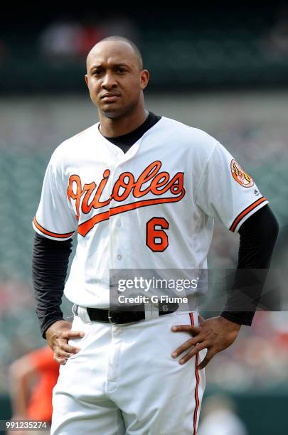 Jonathan Schoop of the Baltimore Orioles rests during a break in the game against the Boston Red Sox at Oriole Park at Camden Yards on June 13, 2018...