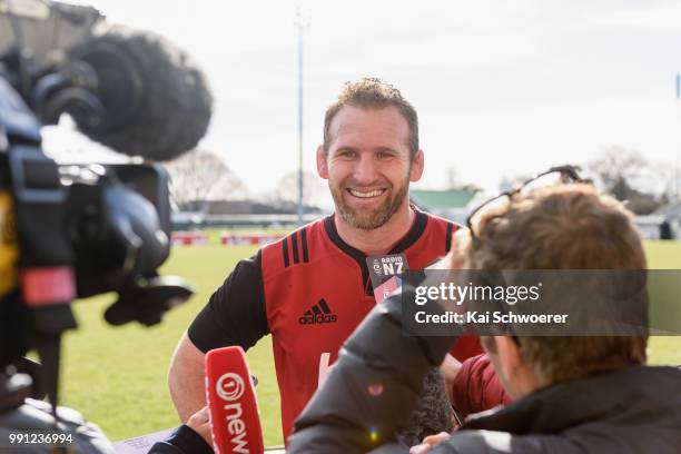 Kieran Read speaks to the media following a Crusaders Super Rugby training session at Rugby Park on July 4, 2018 in Christchurch, New Zealand.