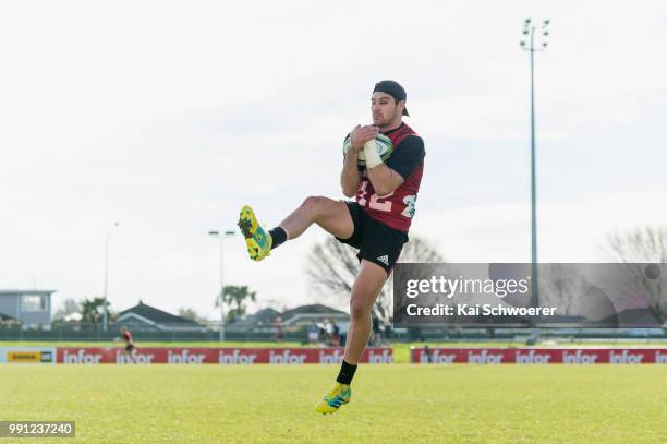 David Havili catches the ball during a Crusaders Super Rugby training session at Rugby Park on July 4, 2018 in Christchurch, New Zealand.