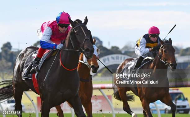 Craig Williams riding Legale winning Race 3 during Melbourne Racing at Sandown Hillside on July 4, 2018 in Melbourne, Australia.