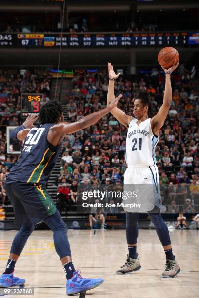 Deyonta Davis of the Memphis Grizzlies passes the ball during the game against the Utah Jazz on July 3, 2018 at Vivint Smart Home Arena in SALT LAKE...