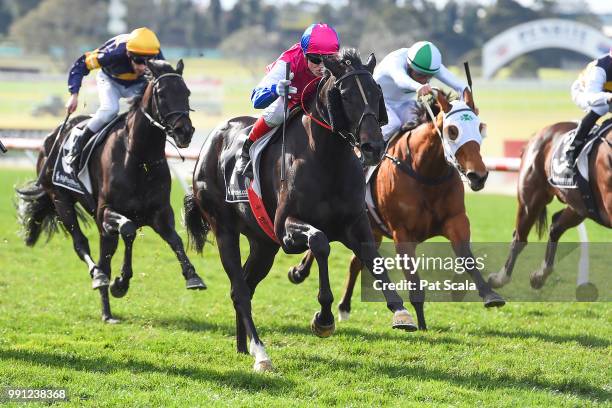 Legale ridden by Craig Williams wins the Mypunter.com Handicap BM64 Handicap at Ladbrokes Park Hillside Racecourse on July 04, 2018 in Springvale,...