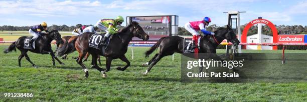 Legale ridden by Craig Williams wins the Mypunter.com Handicap BM64 Handicap at Ladbrokes Park Hillside Racecourse on July 04, 2018 in Springvale,...