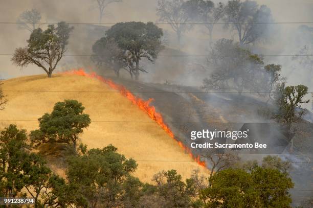 Fire consumes a hillside as the County fire burns along Highway 129 near Lake Berryessa in Yolo County, Calif., on Tuesday, July 3, 2018.