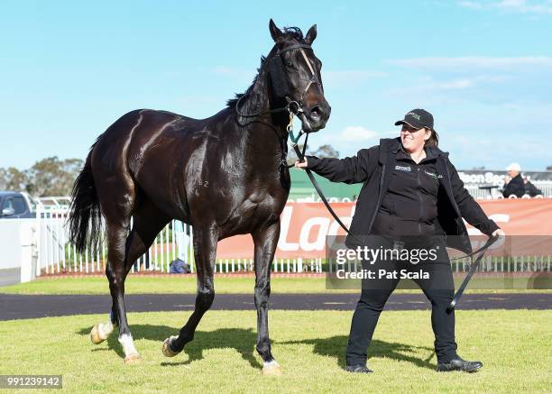 Legale after winning the Mypunter.com Handicap BM64 Handicap , at Ladbrokes Park Hillside Racecourse on July 04, 2018 in Springvale, Australia.