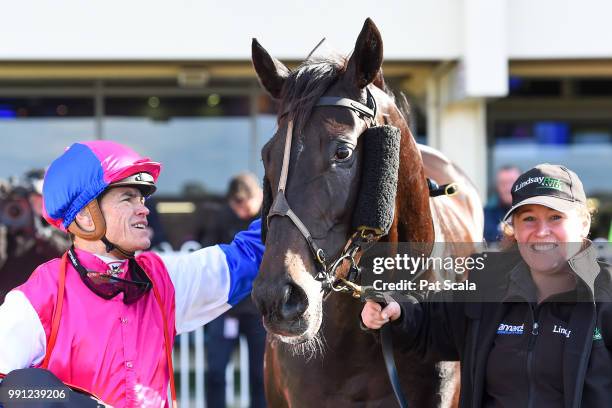 Craig Williams after winning the Mypunter.com Handicap BM64 Handicap aboard Legale ,at Ladbrokes Park Hillside Racecourse on July 04, 2018 in...