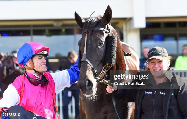 Craig Williams after winning the Mypunter.com Handicap BM64 Handicap aboard Legale ,at Ladbrokes Park Hillside Racecourse on July 04, 2018 in...