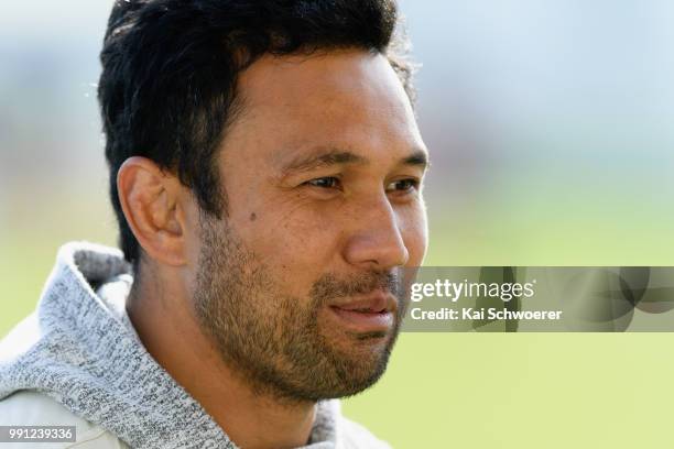 Former All Black Casey Laulala looks on during a Crusaders Super Rugby training session at Rugby Park on July 4, 2018 in Christchurch, New Zealand.