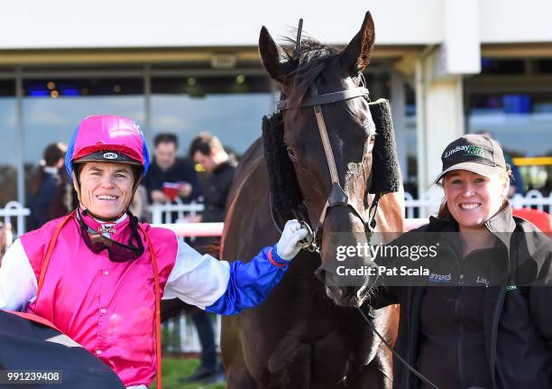 Craig Williams after winning the Mypunter.com Handicap BM64 Handicap aboard Legale ,at Ladbrokes Park Hillside Racecourse on July 04, 2018 in...