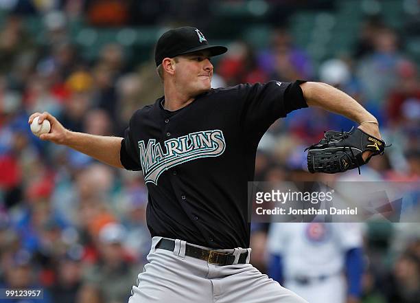 Starting pitcher Chris Volstad of the Florida Marlins delivers the ball against the Chicago Cubs at Wrigley Field on May 12, 2010 in Chicago,...