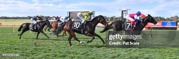 Legale ridden by Craig Williams wins the Mypunter.com Handicap BM64 Handicap at Ladbrokes Park Hillside Racecourse on July 04, 2018 in Springvale,...