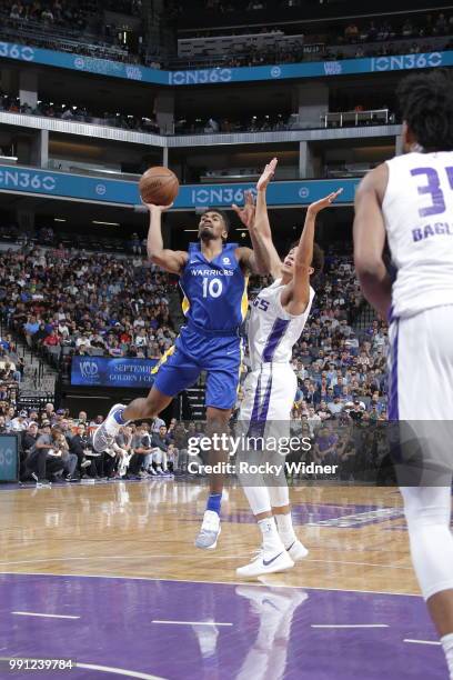 Jacob Evans of the Golden State Warriors drives to the basket during the game against the Sacramento Kings on July 3, 2018 at Golden 1 Center in...