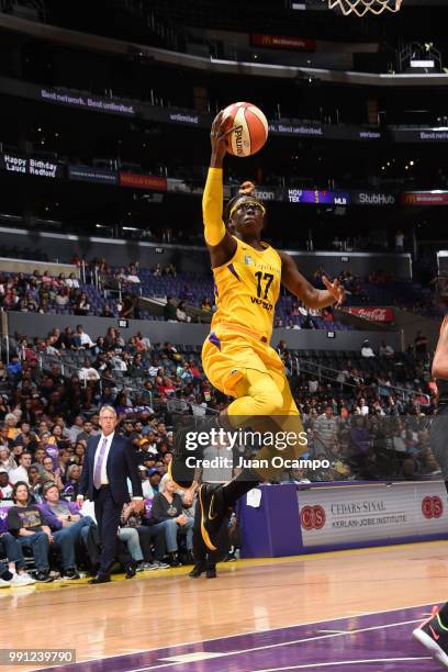 Essence Carson of the Los Angeles Sparks goes to the basket against the Connecticut Sun on July 3, 2018 at STAPLES Center in Los Angeles, California....