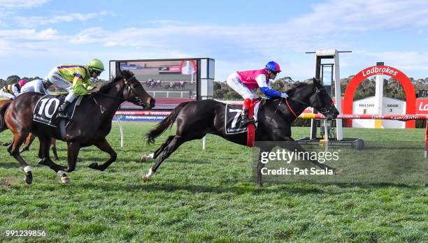 Legale ridden by Craig Williams wins the Mypunter.com Handicap BM64 Handicap at Ladbrokes Park Hillside Racecourse on July 04, 2018 in Springvale,...