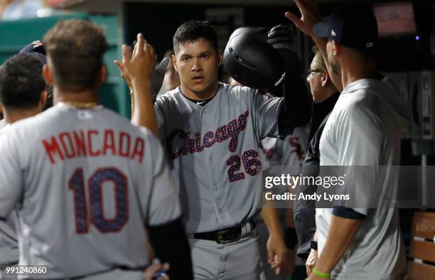 Avisail Garcia of the Chicago White Sox celebrates after hitting a home run in the ninth inning against the Cincinnati Reds at Great American Ball...