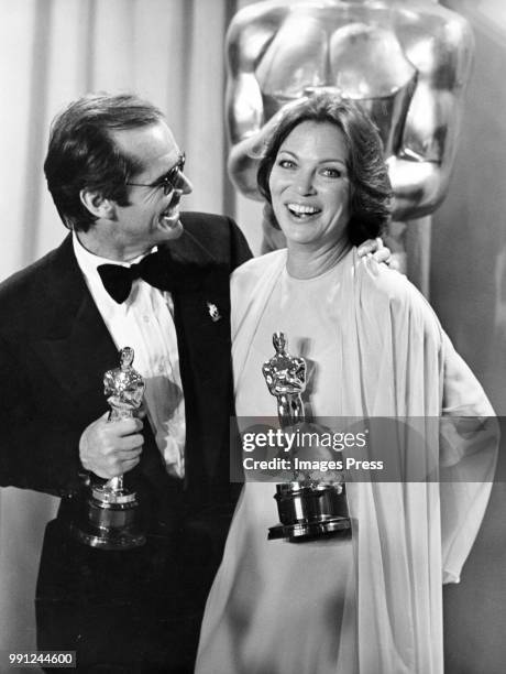 Actor Jack Nicholson and actress Louise Fletcher speak to the press during the 48th Academy Awards at Dorothy Chandler Pavilion in Los...