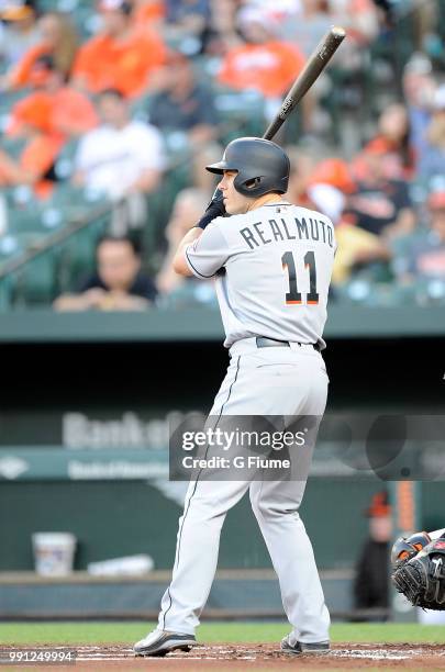 Realmuto of the Miami Marlins bats against the Baltimore Orioles at Oriole Park at Camden Yards on June 15, 2018 in Baltimore, Maryland.