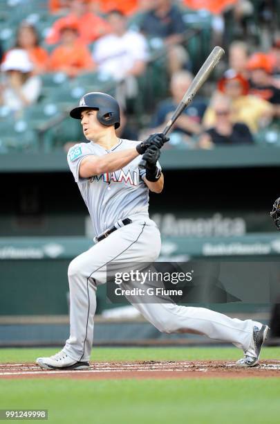 Realmuto of the Miami Marlins bats against the Baltimore Orioles at Oriole Park at Camden Yards on June 15, 2018 in Baltimore, Maryland.