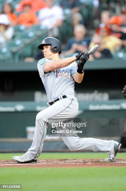 Realmuto of the Miami Marlins bats against the Baltimore Orioles at Oriole Park at Camden Yards on June 15, 2018 in Baltimore, Maryland.