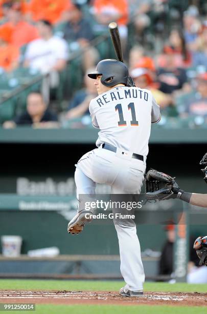 Realmuto of the Miami Marlins bats against the Baltimore Orioles at Oriole Park at Camden Yards on June 15, 2018 in Baltimore, Maryland.