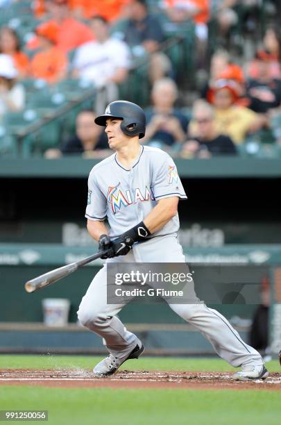 Realmuto of the Miami Marlins bats against the Baltimore Orioles at Oriole Park at Camden Yards on June 15, 2018 in Baltimore, Maryland.