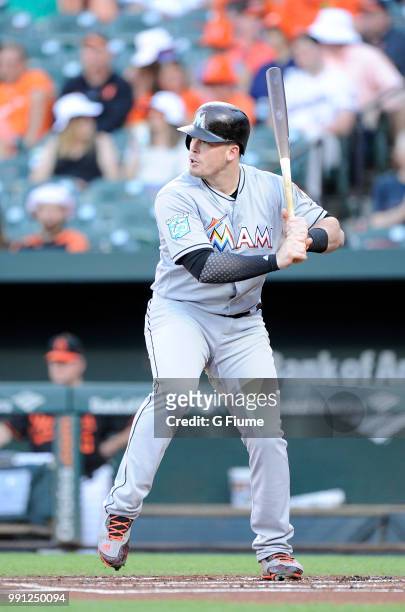Justin Bour of the Miami Marlins bats against the Baltimore Orioles at Oriole Park at Camden Yards on June 15, 2018 in Baltimore, Maryland.