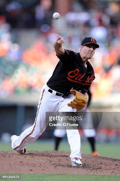Kevin Gausman of the Baltimore Orioles pitches against the Miami Marlins at Oriole Park at Camden Yards on June 15, 2018 in Baltimore, Maryland.